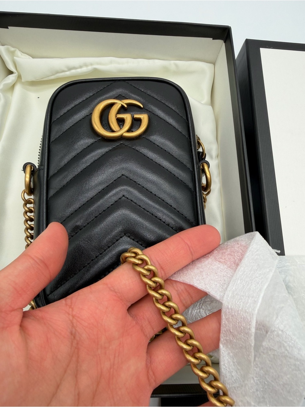 🆕 in Box Gucci Black Chevron Leather Mini Crossbody with Gold GG - Picture 8 of 11